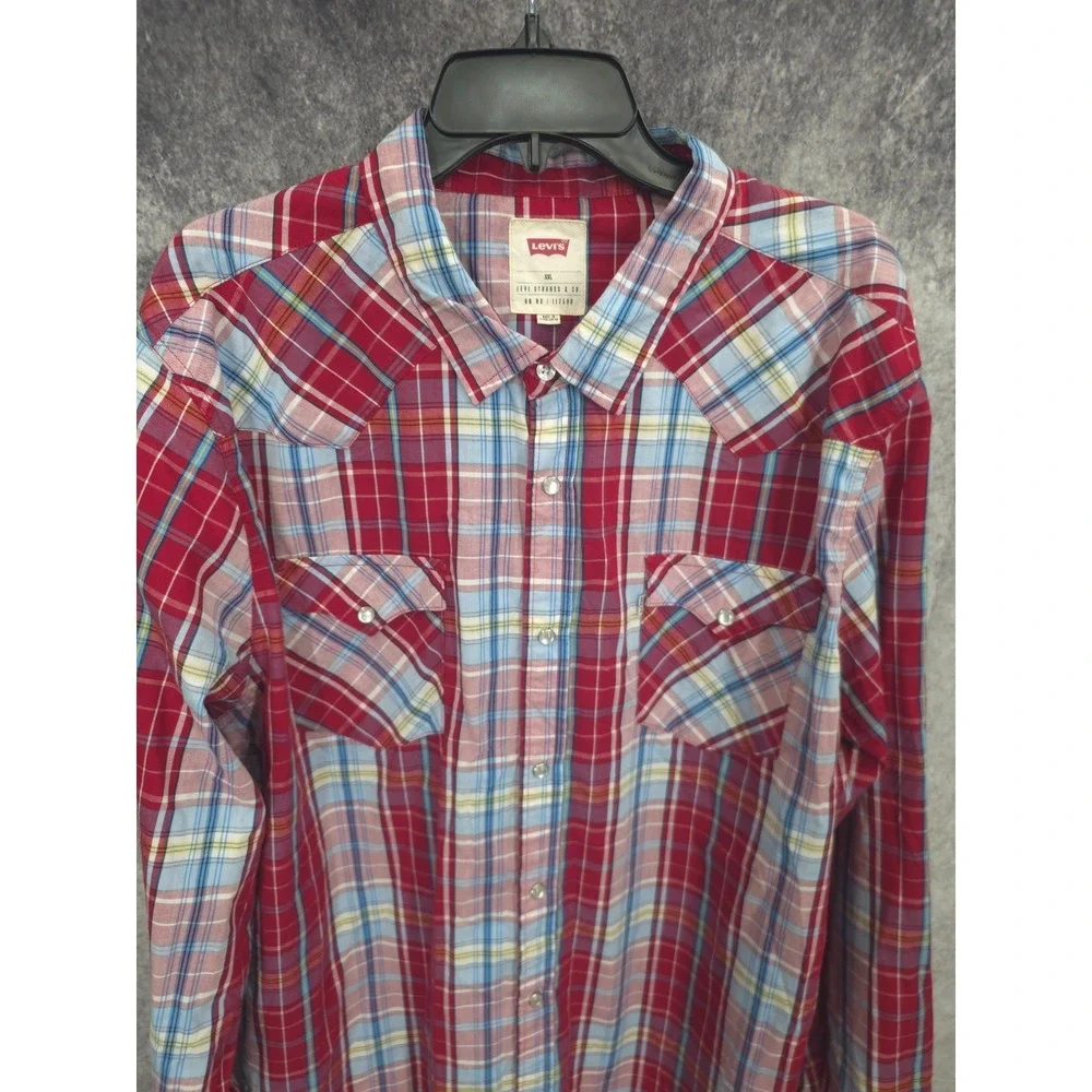 Levis Western Shirt Mens 2XL Red Plaid‎ Pearl Snap Cowboy Rodeo Vaquero